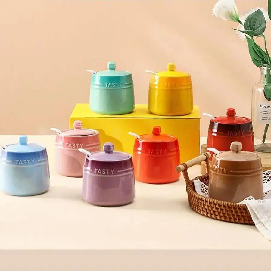 1Pc 52/2000 Miniature Ceramic Seasoning Jars a Domestic Kitchen Salt Bowl Has a Lid and Spoon for 50Ml/8.4 Oz