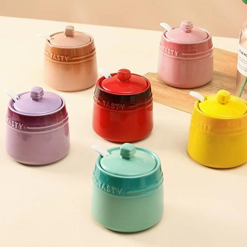 1Pc 52/2000 Miniature Ceramic Seasoning Jars a Domestic Kitchen Salt Bowl Has a Lid and Spoon for 50Ml/8.4 Oz